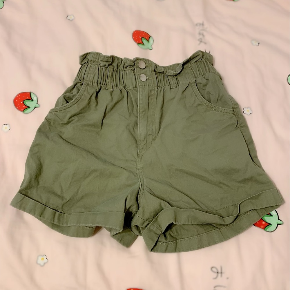 High Waisted Khaki Green Ruffle Shorts